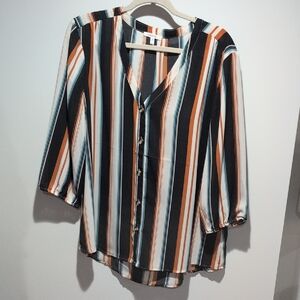 Maurices Striped Button-Front Blouse in Black, White, Orange, Teal